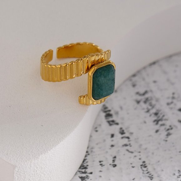 Stainless Steel Blue Apatite Ring Statement Metal Gold Opening Ring - Picture 7 of 11